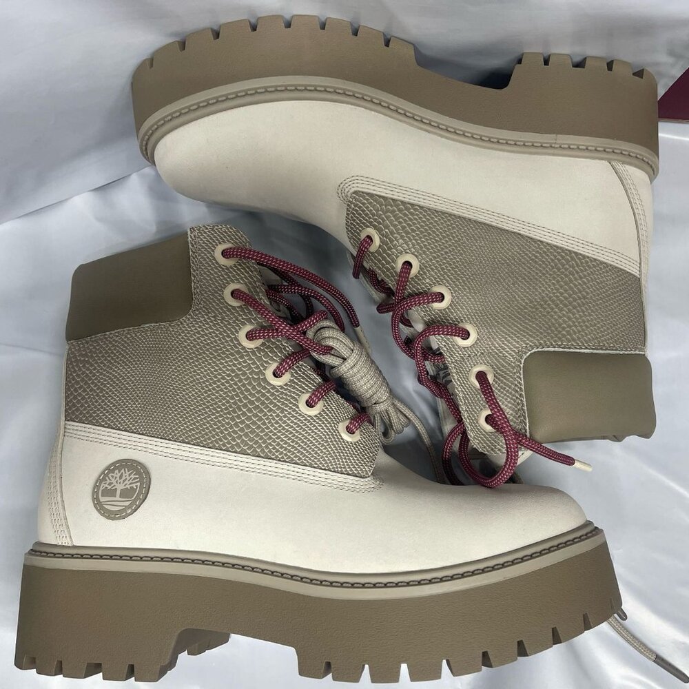 TIMBERLAND WOMEN'S STONE STREET 6 IN LACE WATERPROOF BOOT WHITE NUBUCK A2H3C-EM3